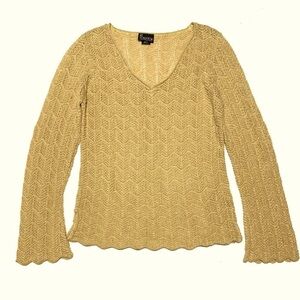 LAST CHANCE! Vintage 90s Retro 70s Gold Open Knit Bell Sleeve V-Neck Sweater